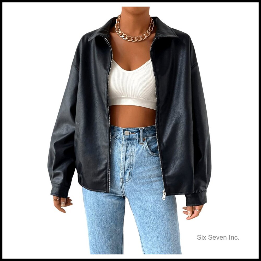 Faux Leather Shacket Zip Up Motorcycle Jacket Biker Coat